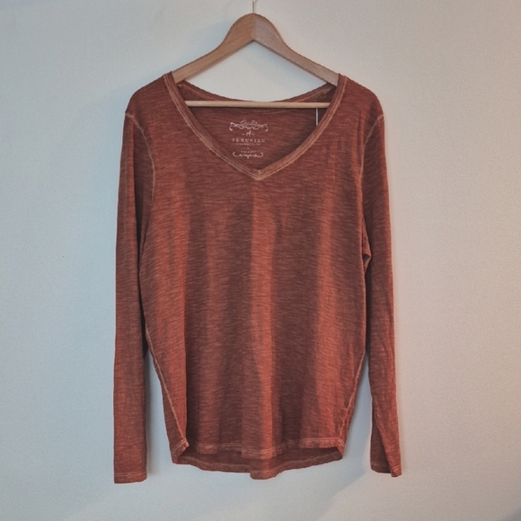 NWT Peruvian Connection Oxide Katia Long Sleeve Tee V Neck Burnt Orange Large - Picture 1 of 7